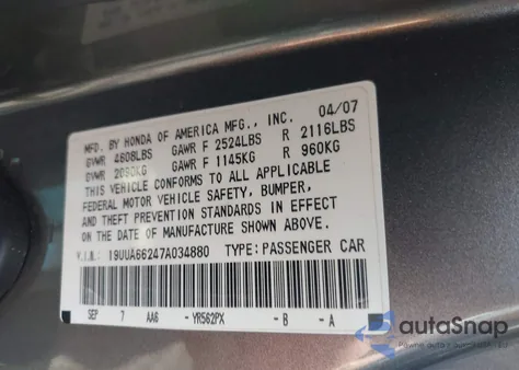 2007 Acura Tl 3.2 из США, поврежденный, VIN 19UUA66247A034880